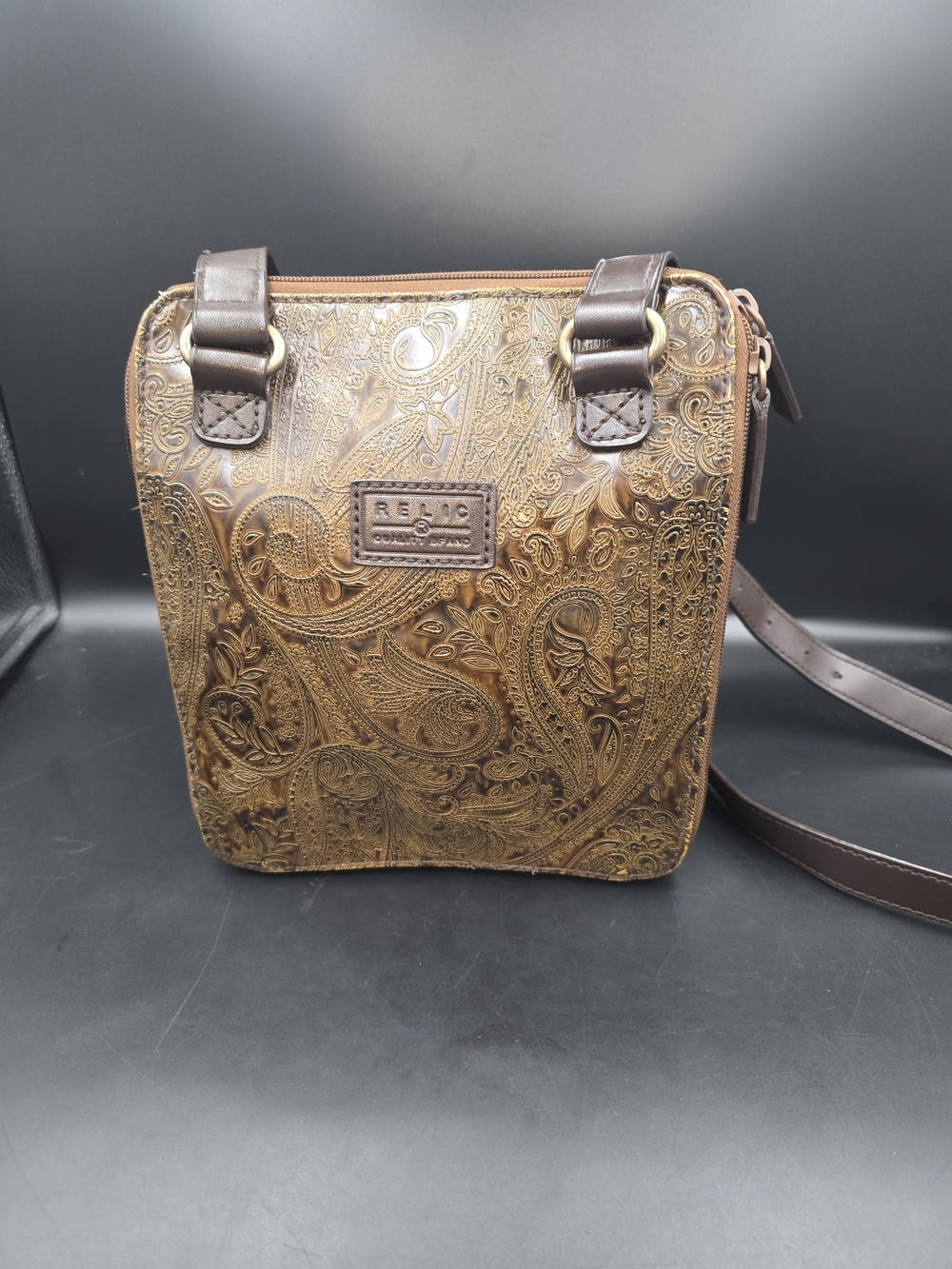 Relic Men's Brown Tooled Leather Crossbody Bag